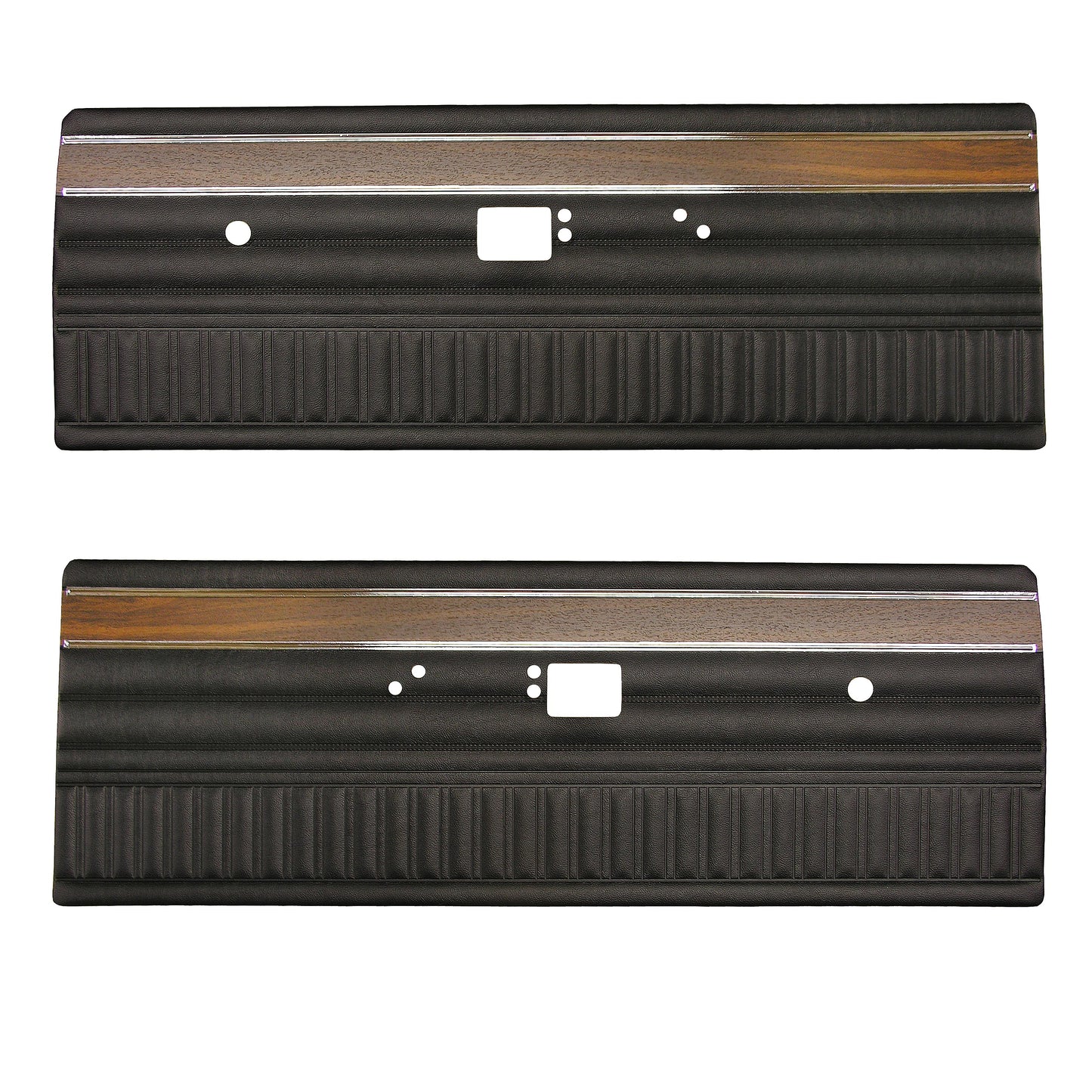 72 DEMON/DART SWINGER/SCAMP FRONT DOOR PANELS (W/ WOOGRAIN & KNURLED CHROME) - BLACK