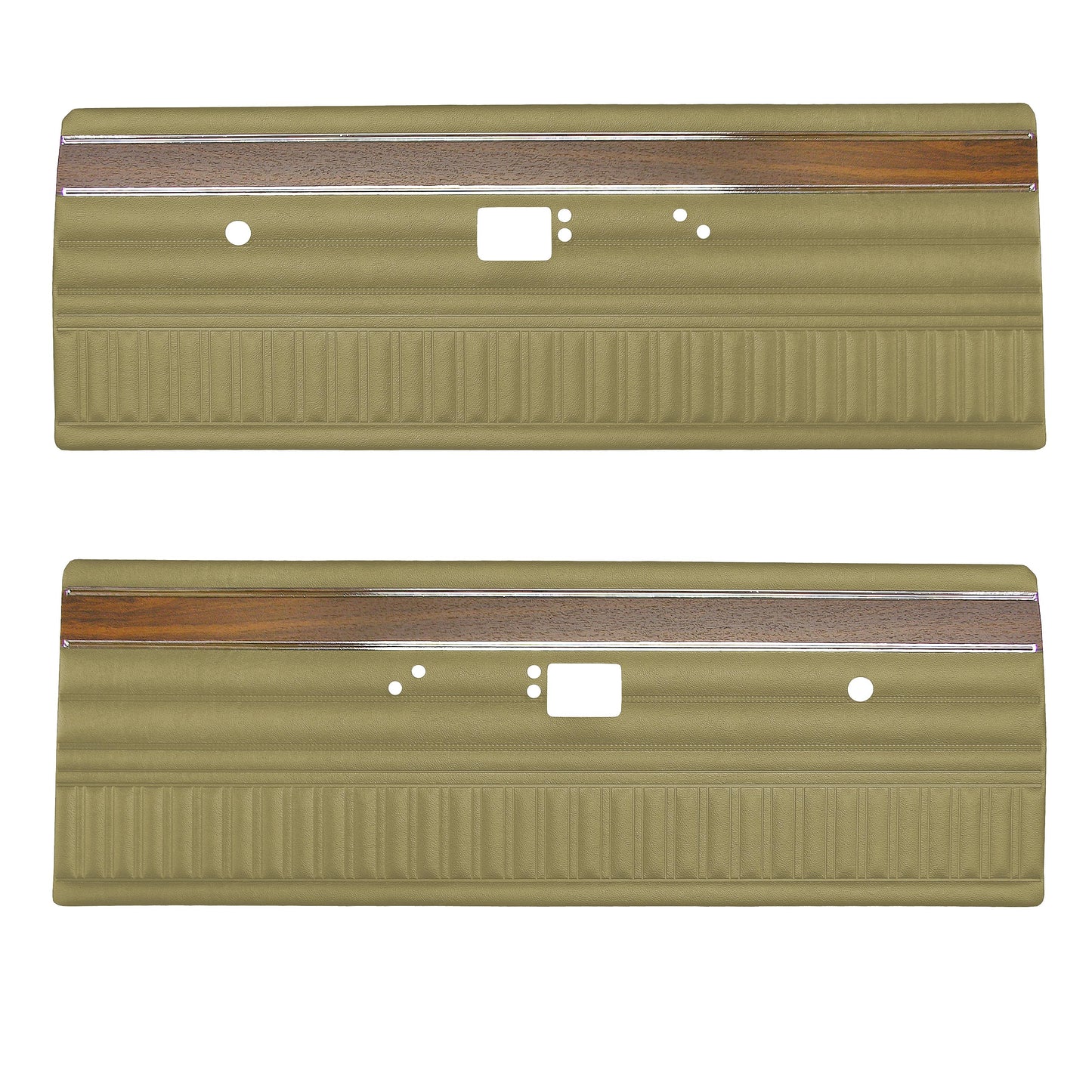 72 DEMON/DART SWINGER/SCAMP FRONT DOOR PANELS (W/ WOOGRAIN & SMOOTH CHROME) - EMBER GOLD