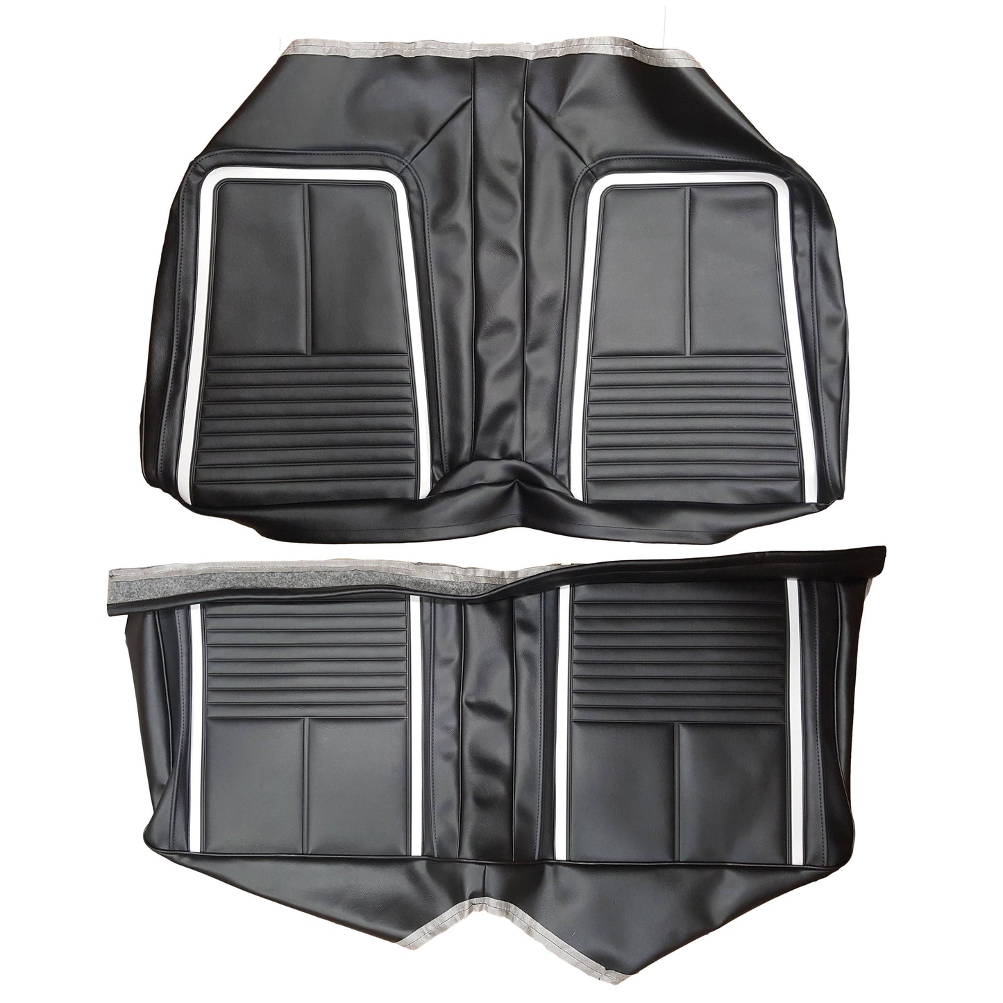 67 CAMARO "DELUXE" FOLD-DOWN REAR UPHOLSTERY - BLACK W/ WHITE ACCENT