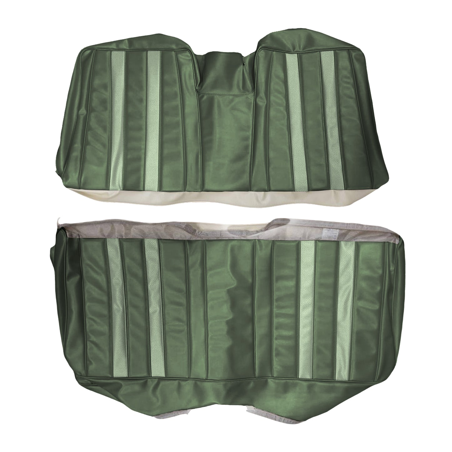 68 SPORT FURY CONVERTIBLE REAR UPHOLSTERY - DARK GREEN W/ LIGHT GREEN ACCENT