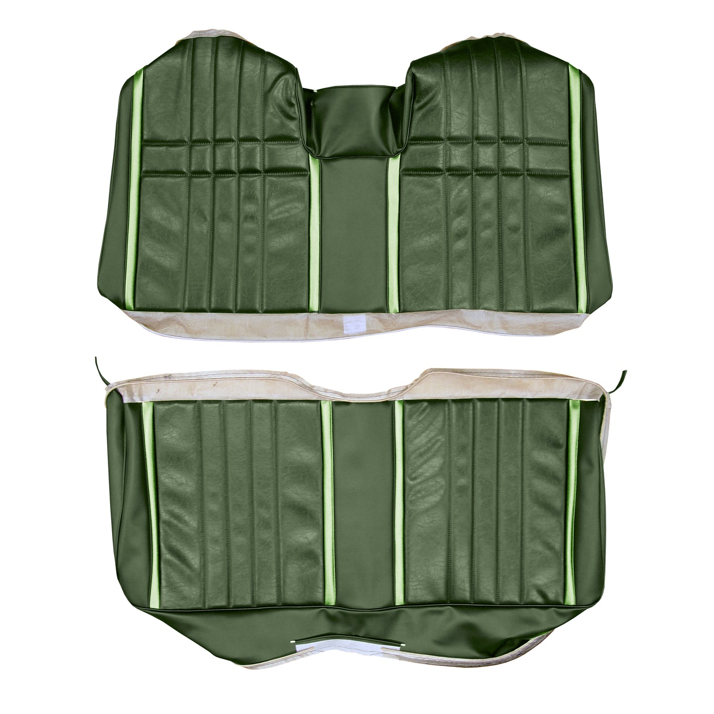 68 FURY III HARDTOP/FAST-TOP REAR UPHOLSTERY - SRM ANTIQUE GREEN/DARK GREEN W/ LIGHT GREEN ACCENT
