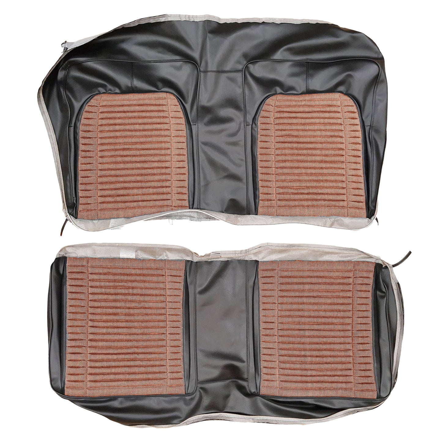 71 CHARGER/SUPERBEE HTP REAR CLOTH UPHOLSTERY - SRM BLACK/ORANGE SALT&PEPPER CLOTH/BLACK