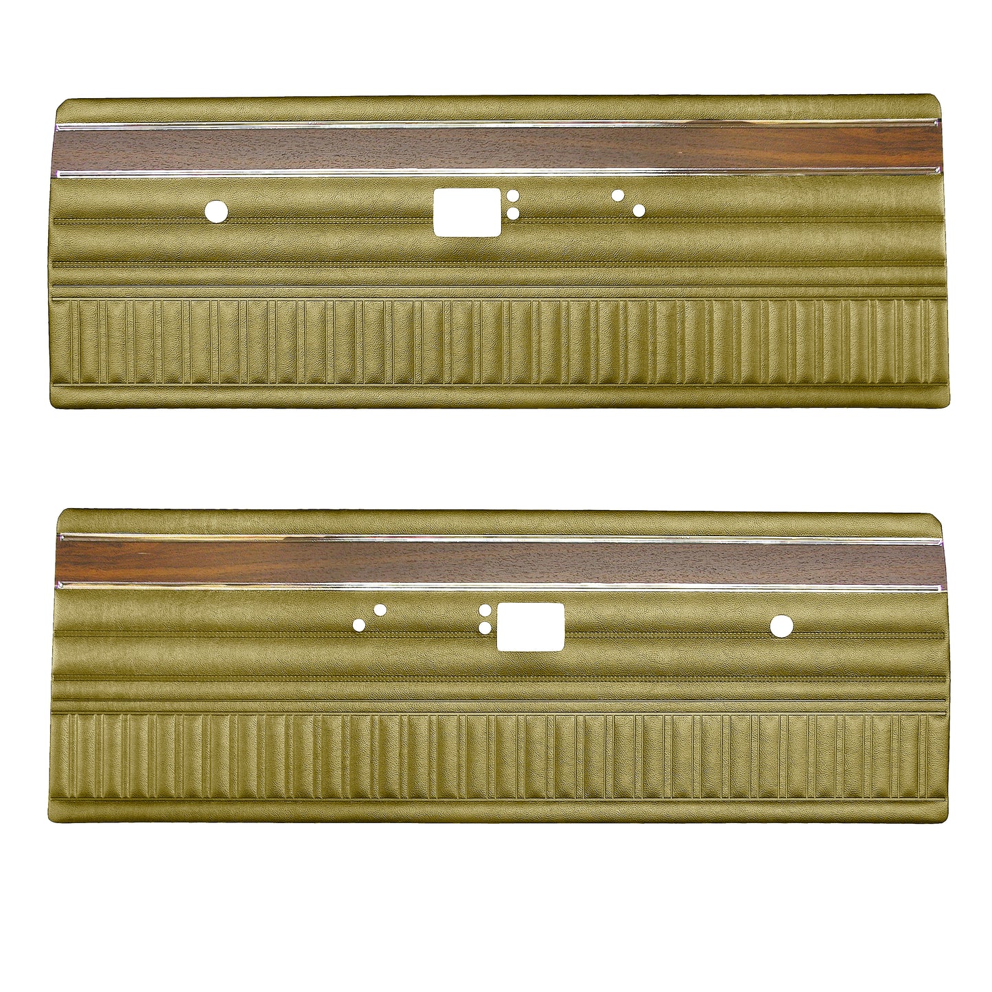 72 DEMON/DART SWINGER/SCAMP FRONT DOOR PANELS (W/ WOOGRAIN & KNURLED CHROME) - EMBER GOLD