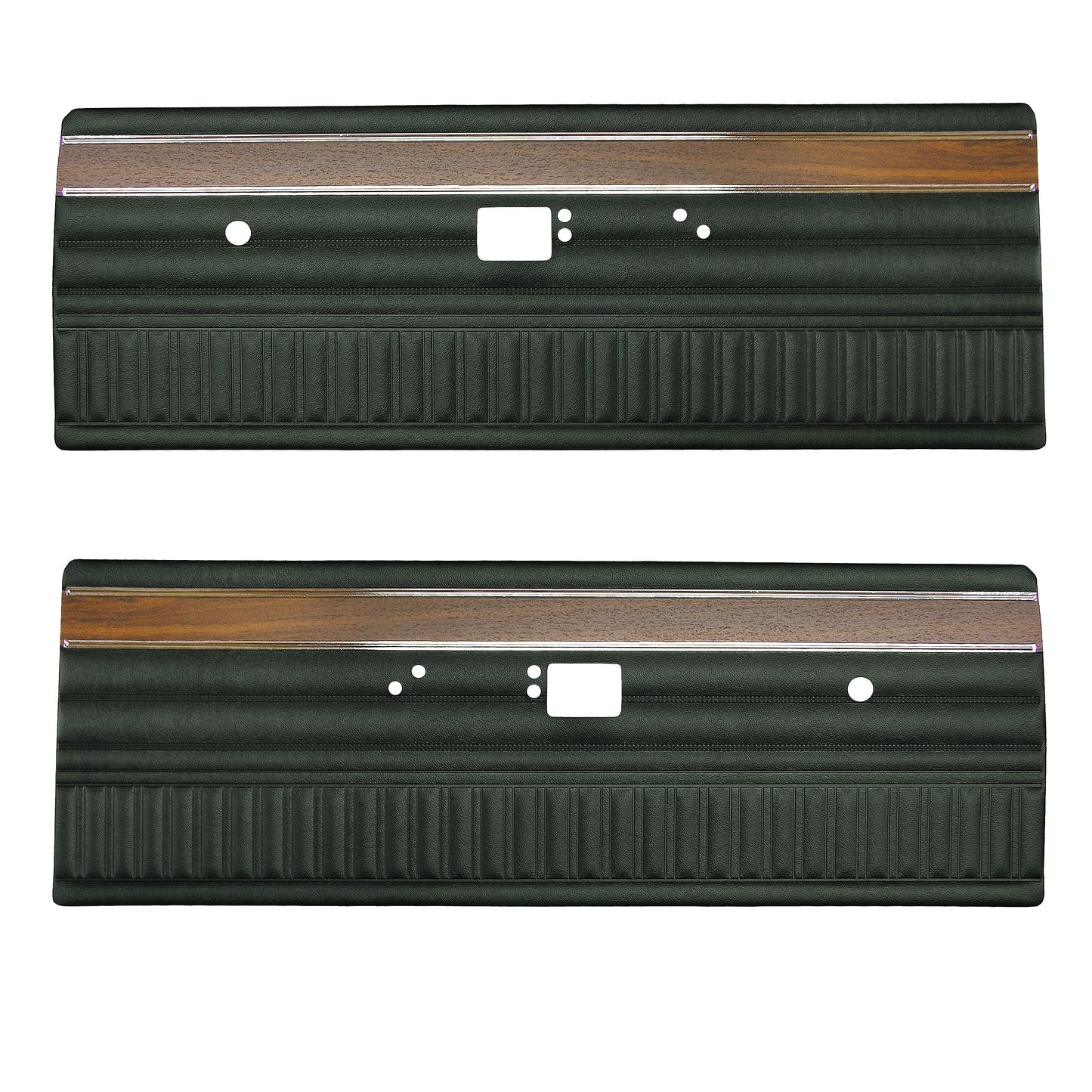 72 DEMON/DART SWINGER/SCAMP FRONT DOOR PANELS (W/ WOOGRAIN & SMOOTH CHROME) - GREEN