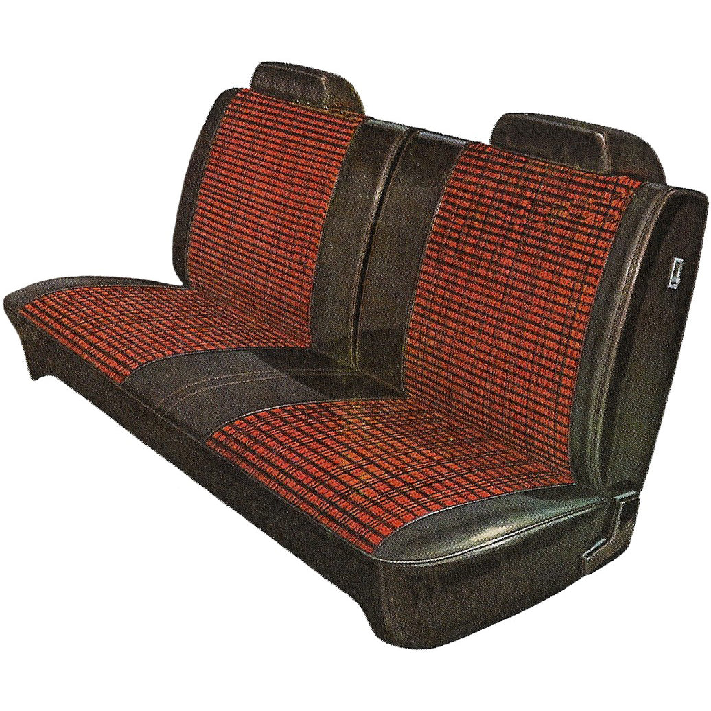 71 DEMON/DUSTER SPLIT BENCH CLOTH UPHOLSTERY - SRM BLACK/ORANGE PLAID CLOTH/BLACK