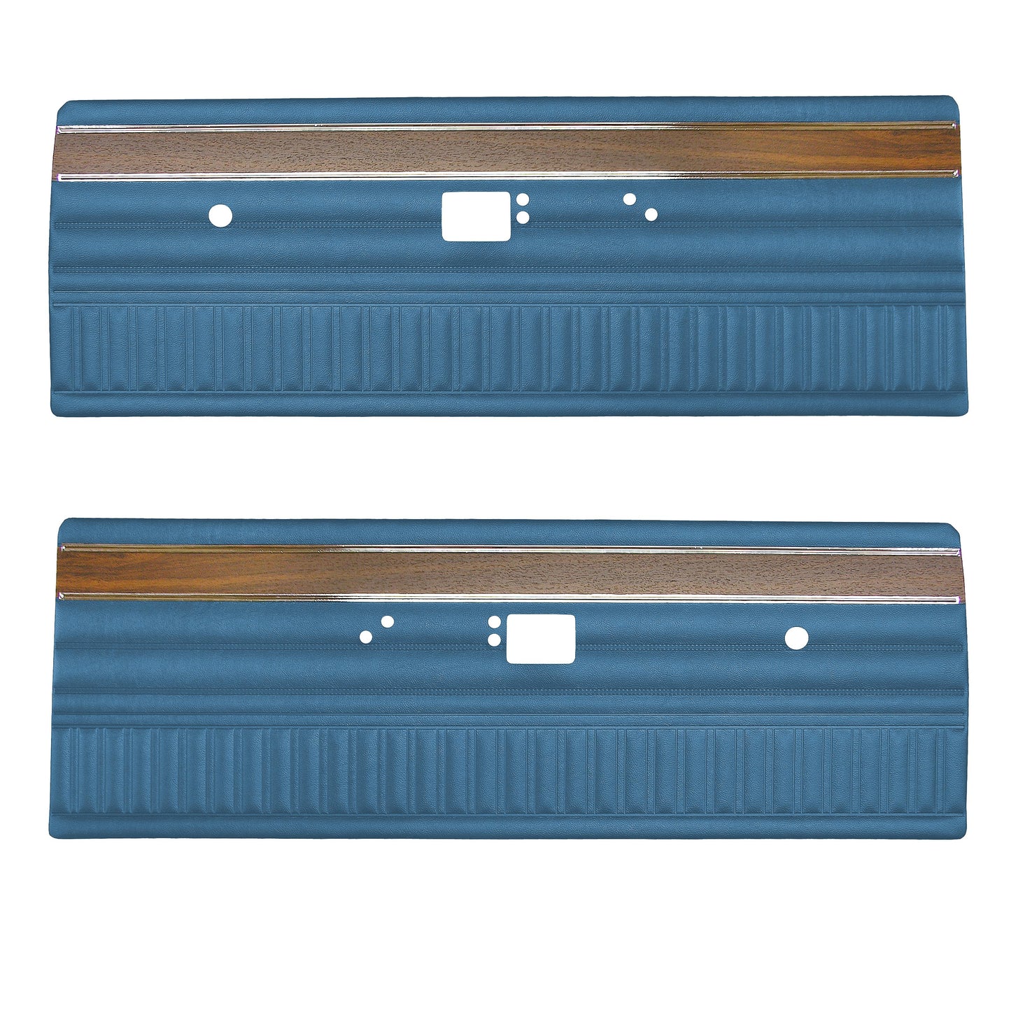 72 DART SWINGER/SCAMP FRONT DOOR PANELS (W/ WOOGRAIN & SMOOTH CHROME) - BRIGHT BLUE
